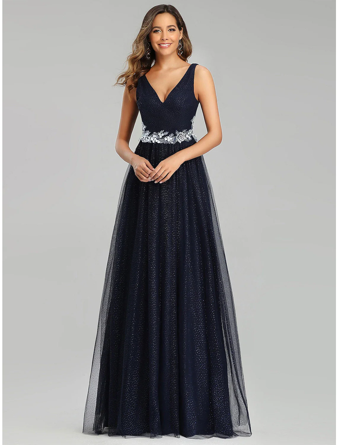 A-Line Prom Dresses Empire Dress Wedding Guest Floor Length Sleeveless V Neck Tulle with Sequin Appliques - TREBLEV