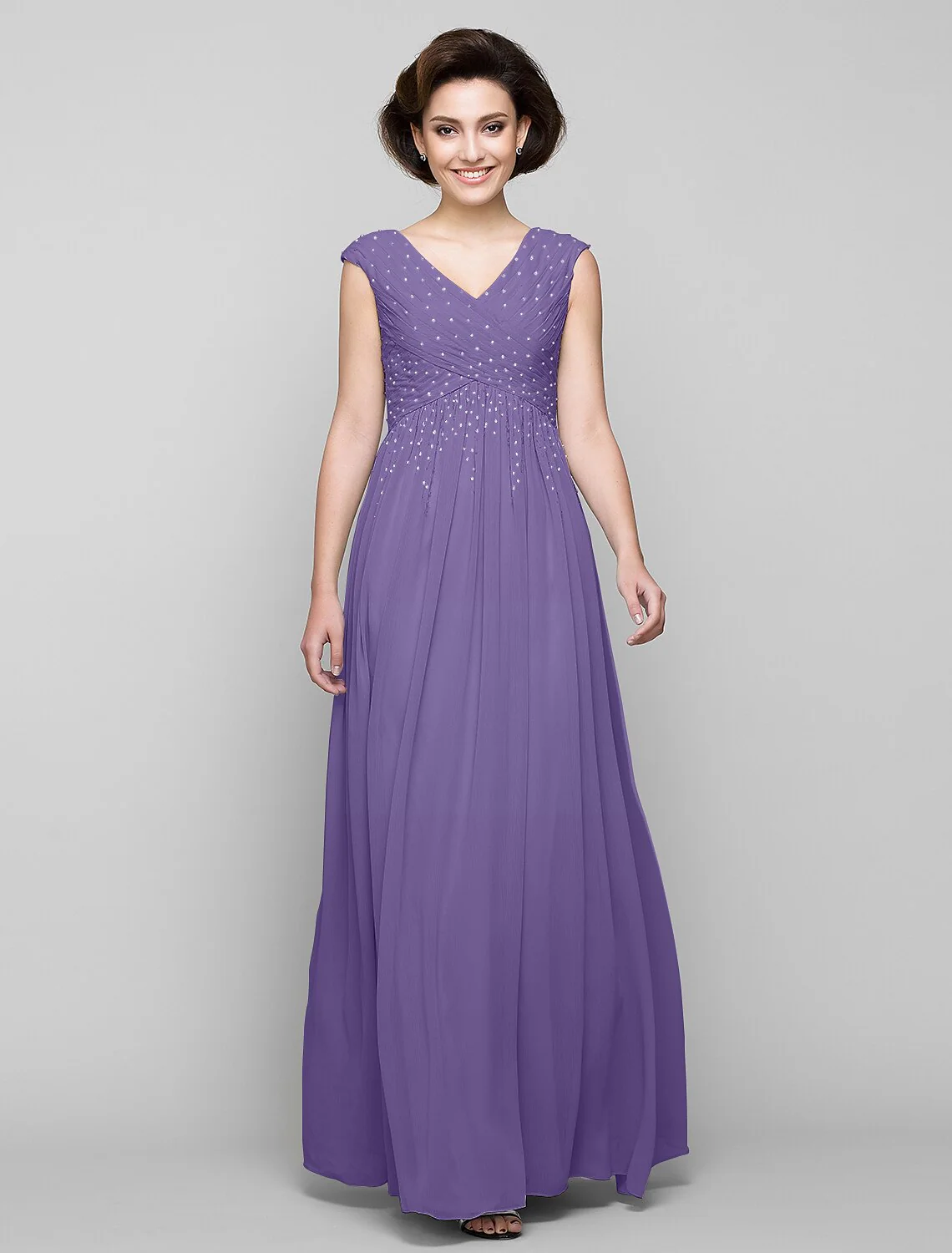 A-Line Mother of the Bride Dress Elegant V Neck Floor Length Chiffon Sleeveless with Cross Beading - TREBLEV