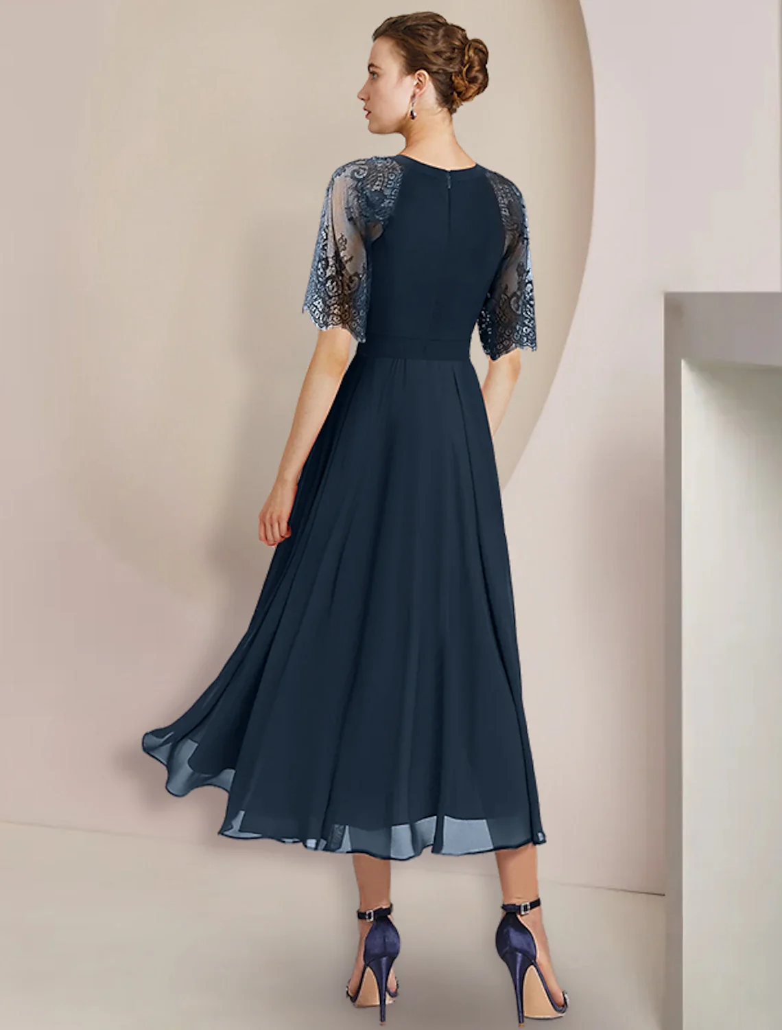 A-Line Mother of the Bride Dress Formal Wedding Guest Party Elegant High Low Scoop Neck Tea Length Chiffon Lace 3/4 Length Sleeve with Pleats Crystal Brooch - TREBLEV