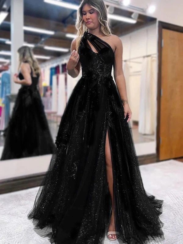 A-Line/Princess Tulle Applique One-Shoulder Sleeveless Sweep/Brush Train Dresses - TREBLEV