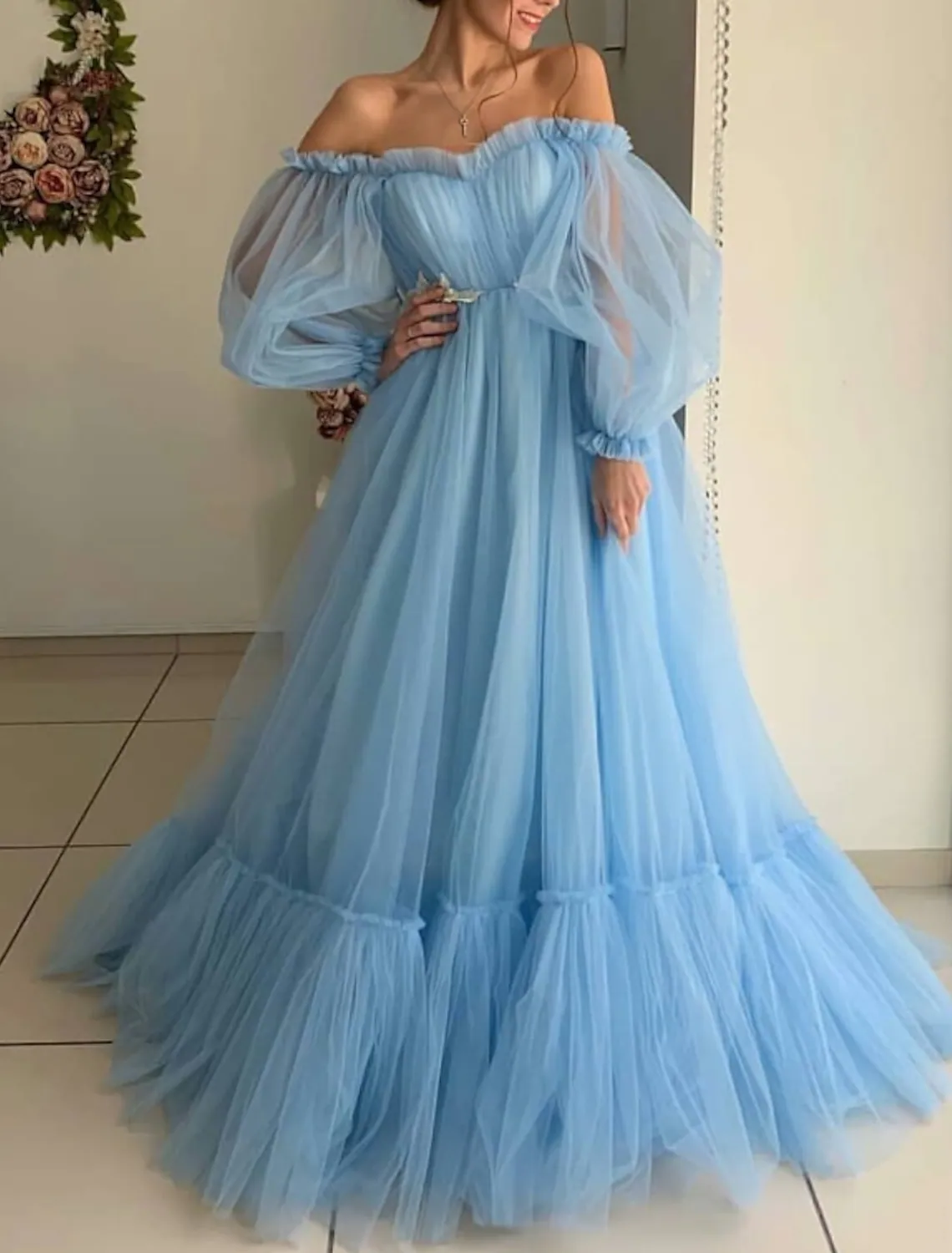 A-Line Elegant Engagement Prom Dress Off Shoulder Long Sleeve Floor Length Tulle Pleats Appliques - TREBLEV