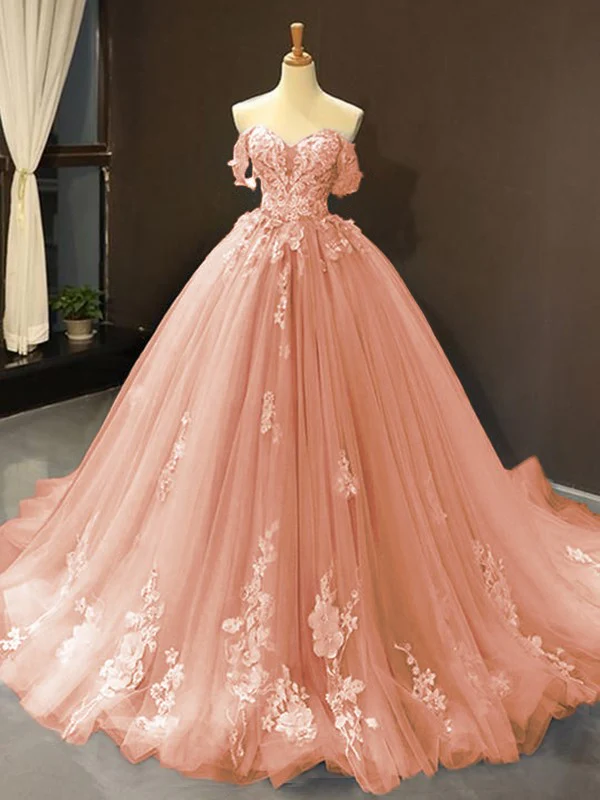 Ball Gown Tulle Off-the-Shoulder Sleeveless Applique Sweep/Brush Train Dresses - TREBLEV