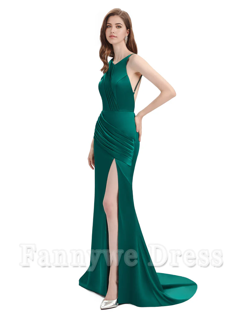 Mermaid Backless Floor-Length Satin formal dresses evening gown Bridesmaid Dresses With Side Slit - TREBLEV