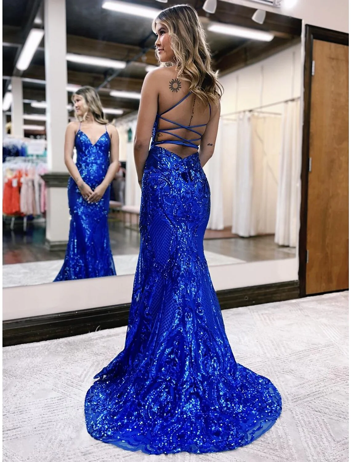 Mermaid / Trumpet Prom Dresses Sparkle & Shine Dress Formal Sweep / Brush Train Sleeveless V Neck Sequined Backless with Glitter Sequin - TREBLEV