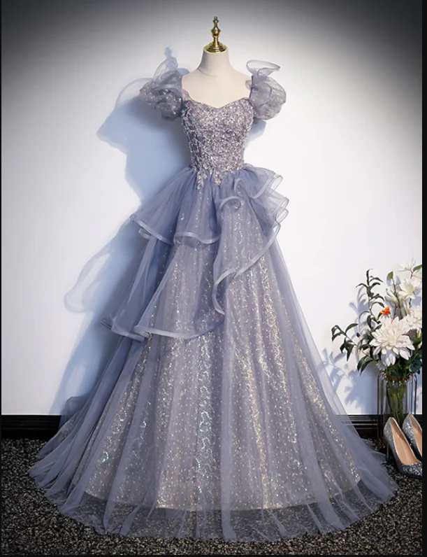 Ball Gown Quinceanera Dresses Princess Dress Performance Floor Length Short Sleeve Square Neck Tulle with Crystals Ruffles - TREBLEV