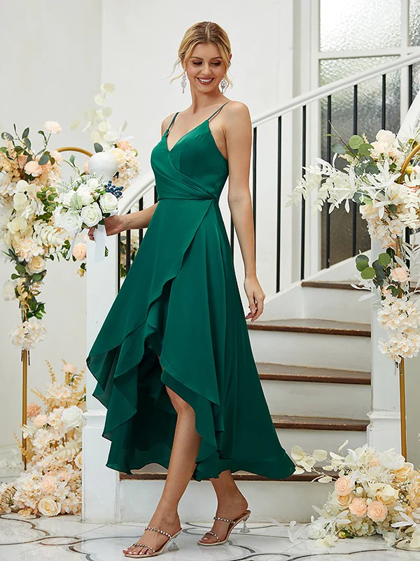 A-Line/Princess Satin Chiffon Ruched V-neck Sleeveless Asymmetrical Bridesmaid Dresses - TREBLEV
