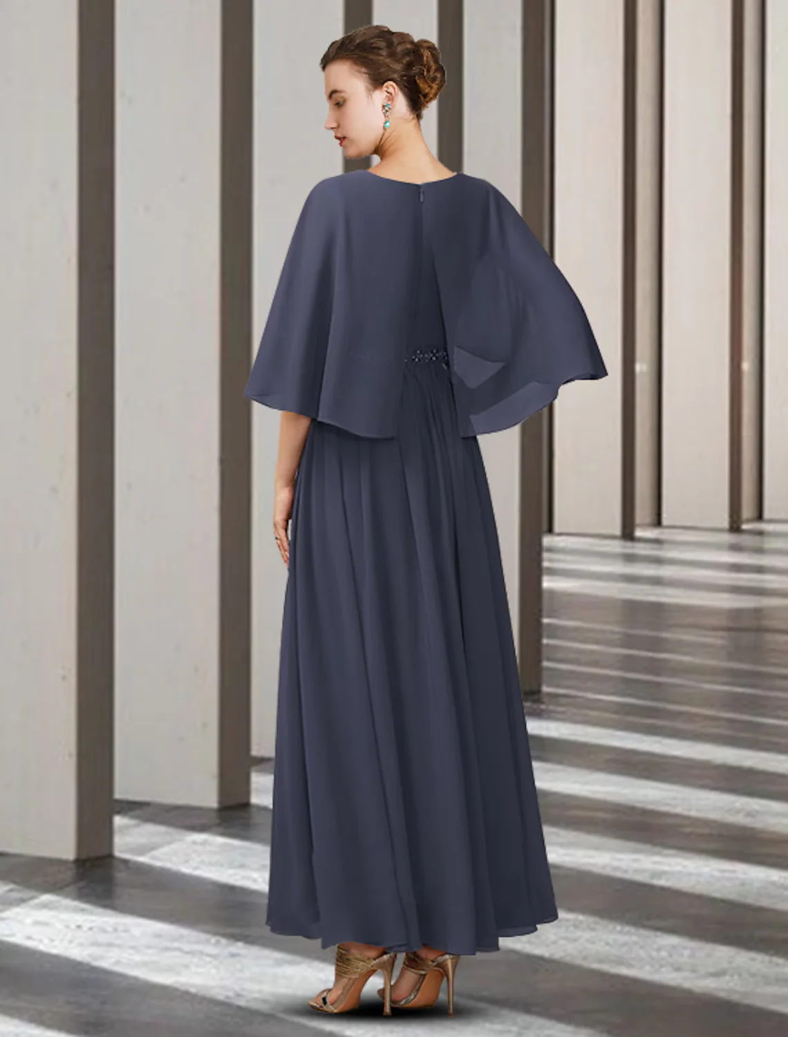 A-Line Mother of the Bride Dress Elegant V Neck Ankle Length Chiffon Half Sleeve with Sash Ribbon Pleats - TREBLEV