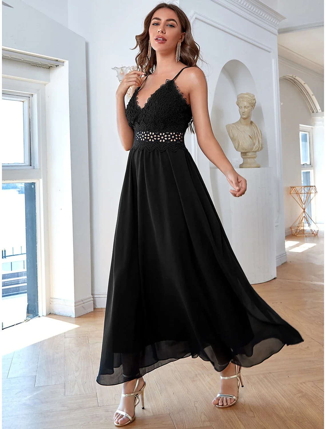 A-Line Elegant Vintage Party Wear Formal Evening Dress V Neck Sleeveless Ankle Length Chiffon with Sequin Pure Color Splicing - TREBLEV