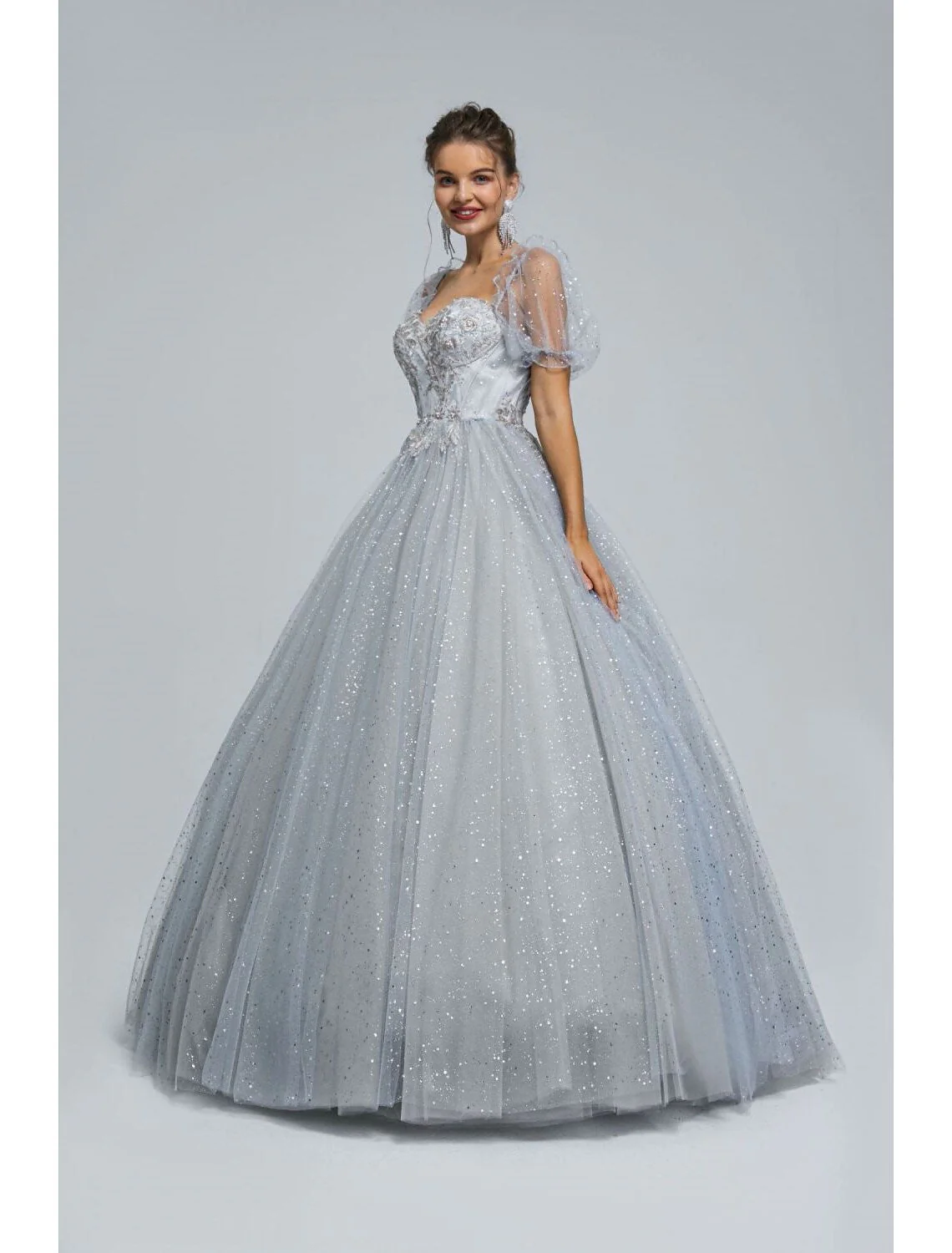 Ball Gown Prom Dresses Princess Dress Graduation Floor Length Short Sleeve Tulle with Sequin Appliques - TREBLEV