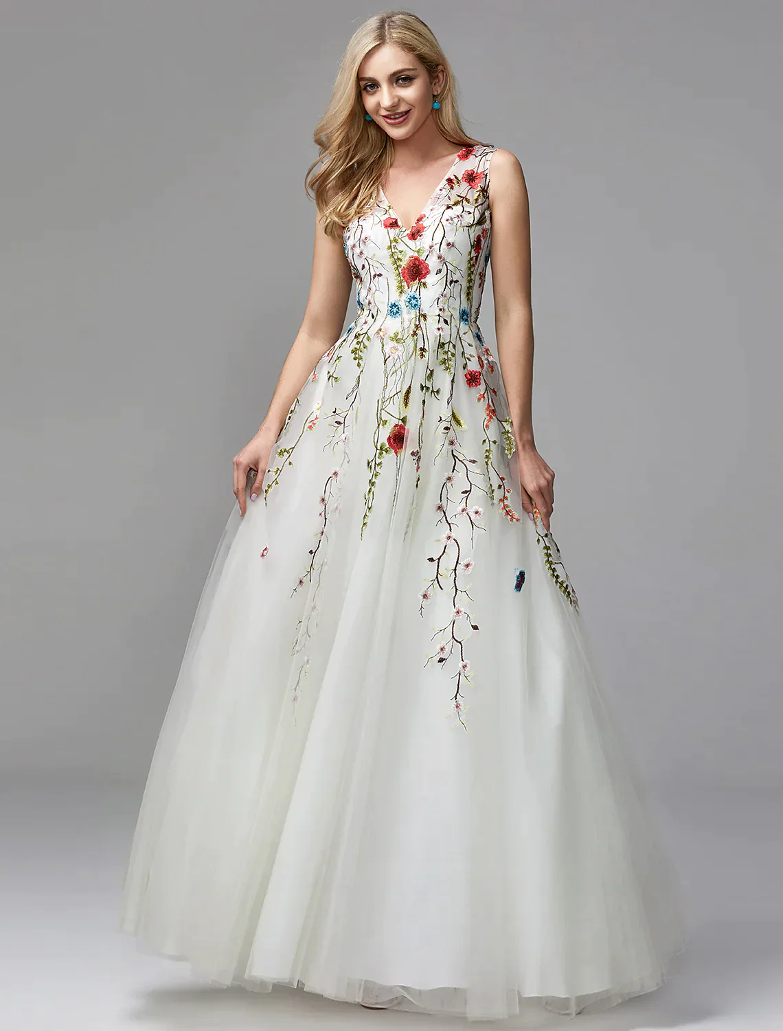 A-Line Dresses Floor Length Sleeveless V Neck Lace with Embroidery Appliques - TREBLEV