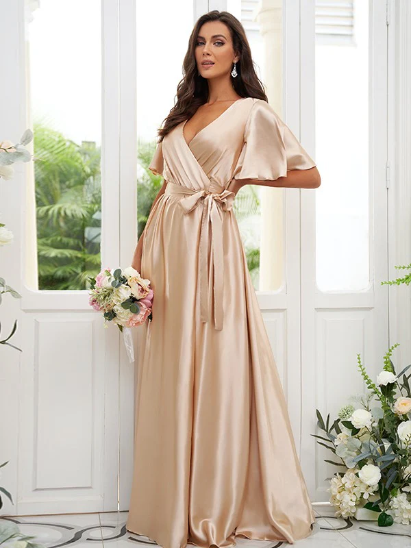 A-Line/Princess Silk like Satin Sash/Ribbon/Belt V-neck Short Sleeves Floor-Length Bridesmaid Dresses - TREBLEV