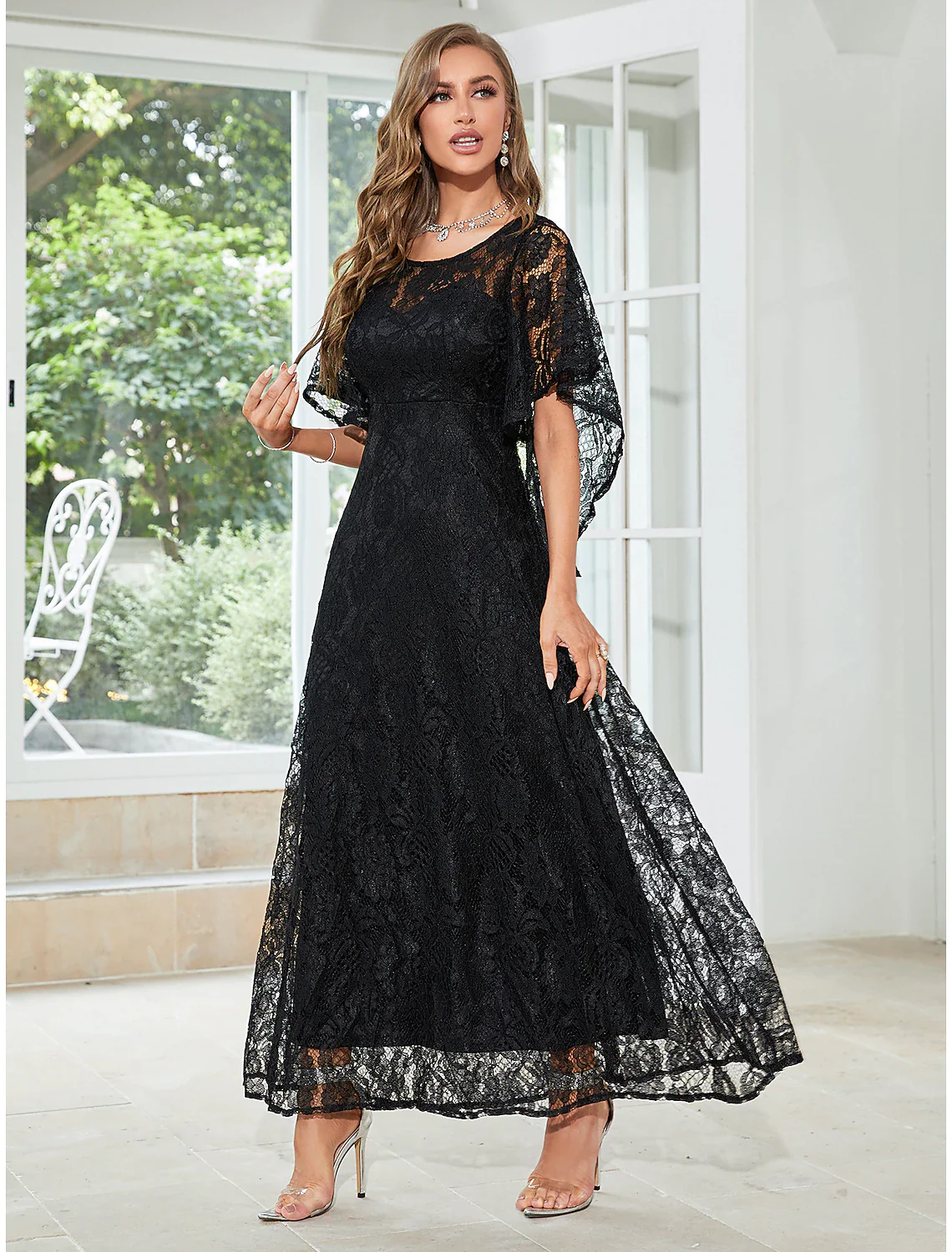 A-Line Wedding Guest Dresses Elegant Dress Party Wear Ankle Length Half Sleeve Jewel Neck Lace with Ruffles Appliques - TREBLEV