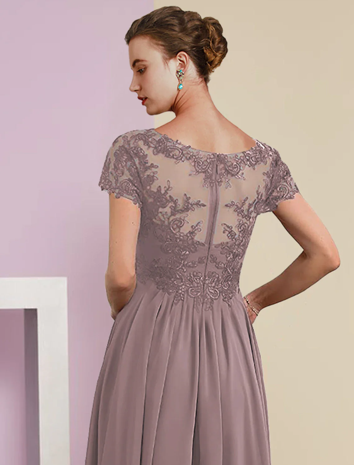 Two Piece A-Line Mother of the Bride Dress Formal Wedding Guest Elegant V Neck Tea Length Lace Short Sleeve Wrap Included with Pleats Appliques - TREBLEV