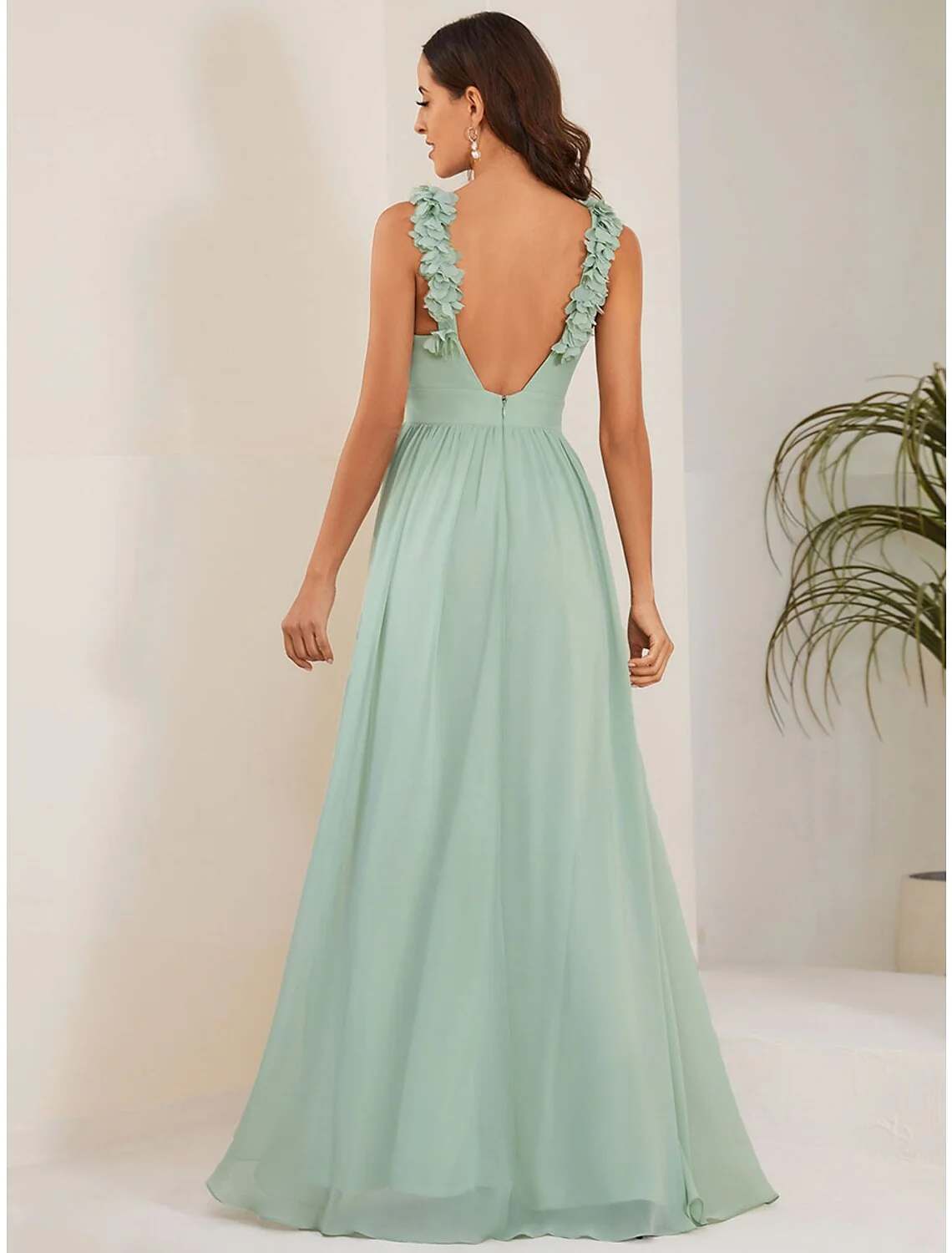 A-Line Wedding Guest Dresses Elegant Dress Formal Floor Length Sleeveless Jewel Neck Chiffon with Pleats Shouder Flower - TREBLEV