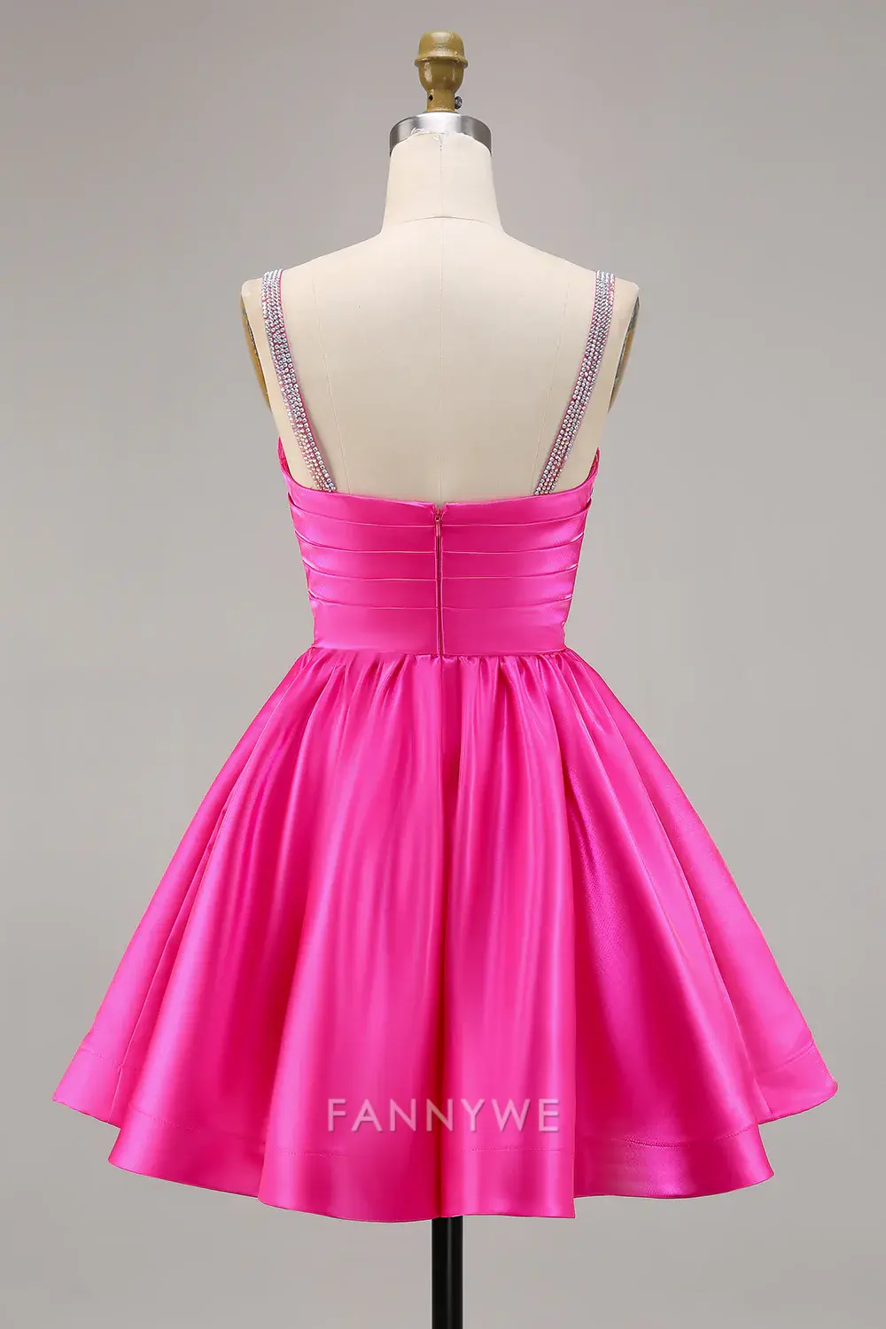 FannyWe Elegant Sparkly Fuchsia Ruched Satin Short Homecoming Dress with Beading hot sale - TREBLEV