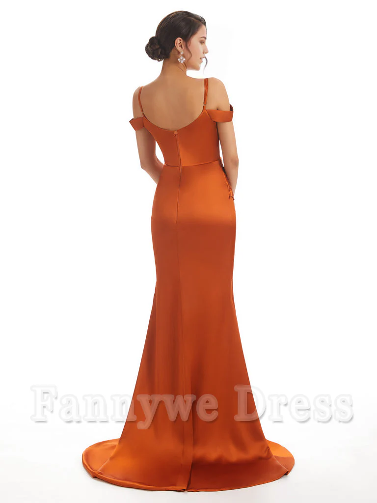 Mermaid Off The Shoulder Satin formal dresses evening gown Bridesmaid Dresses With Side Slit - TREBLEV