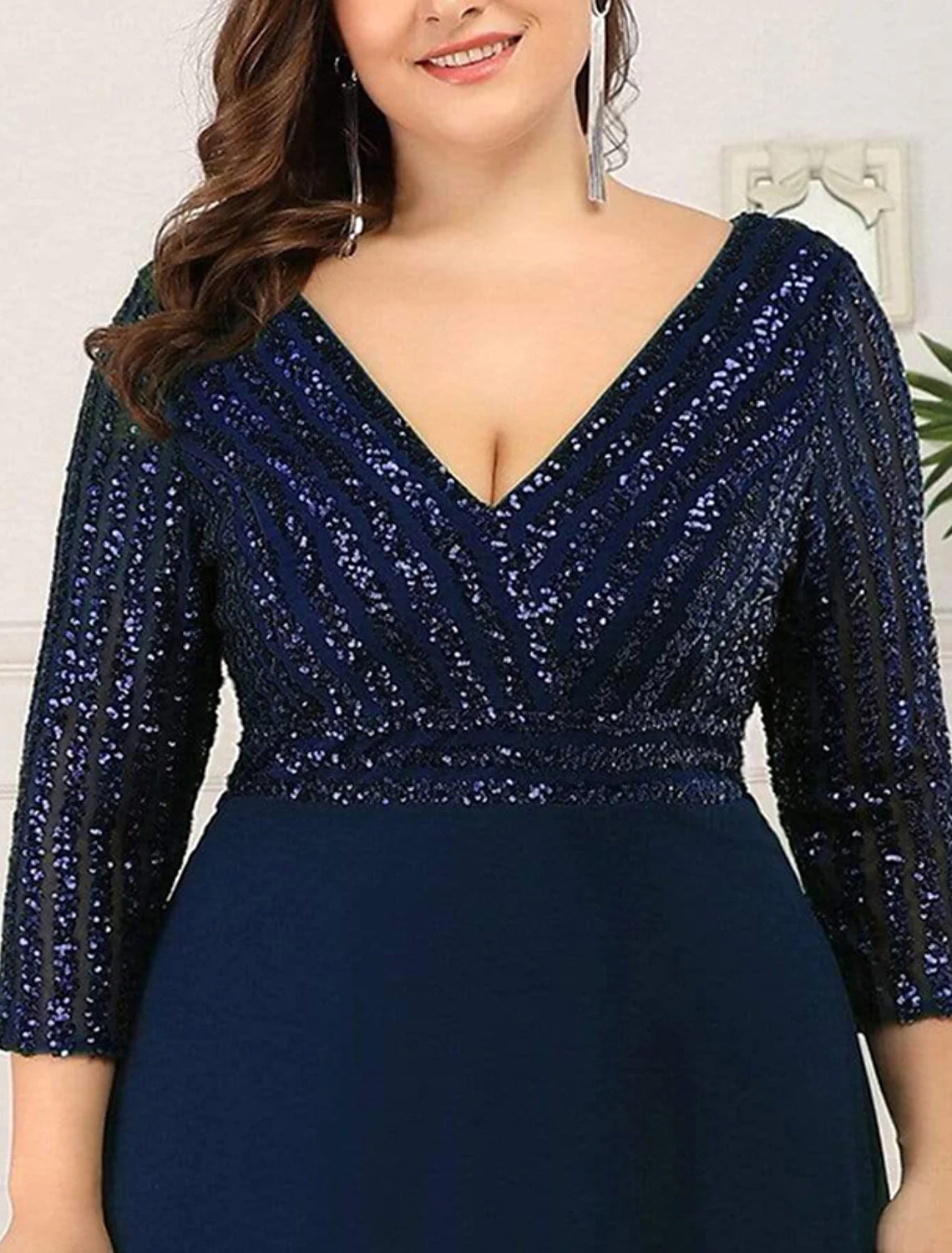 A-Line Evening Gown Plus Size Dress Wedding Guest Floor Length Length Sleeve V Neck Chiffon V Back with Sequin - TREBLEV