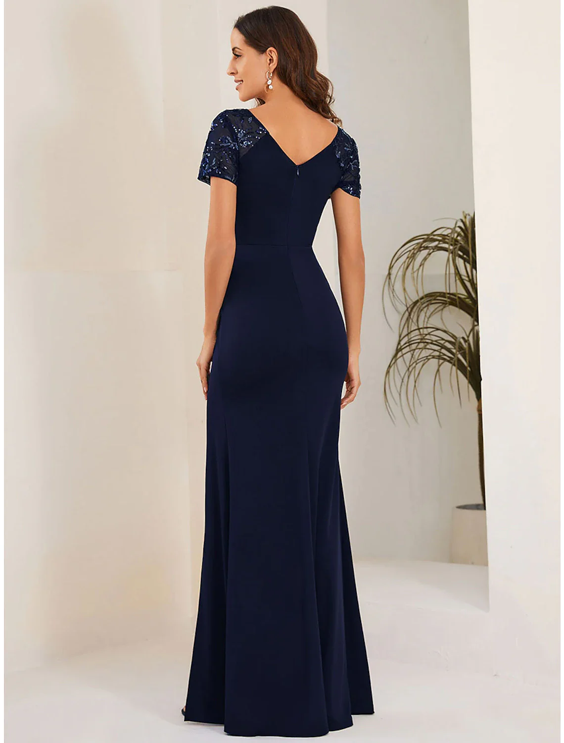 Mermaid / Trumpet Wedding Guest Dresses Elegant Dress Formal Floor Length Short Sleeve V Neck Stretch Fabric with Crystals Slit - TREBLEV