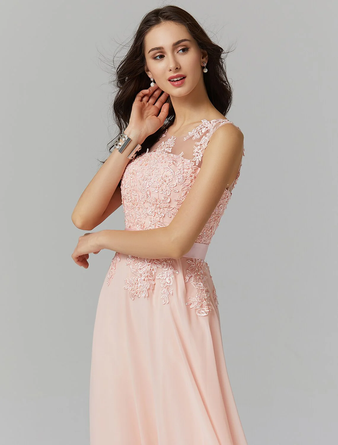 A-Line Evening Gown High Waisted Prom Dress Bridesmaid Wedding Guest Chiffon Floor Length Sleeveless Illusion Neck Georgette with Appliques - TREBLEV