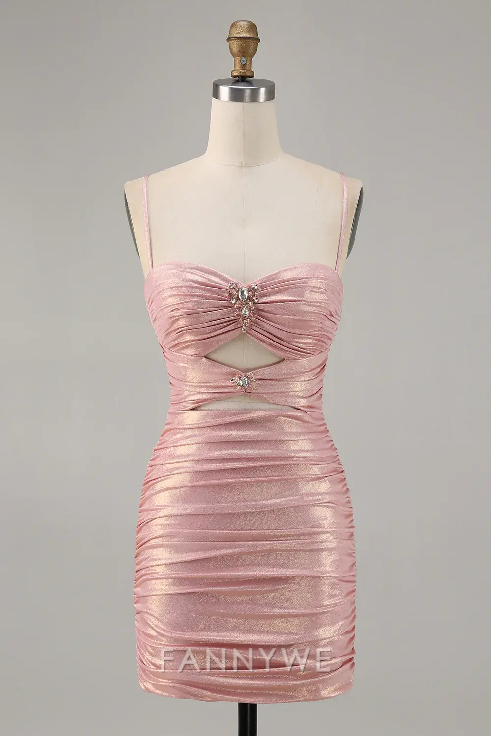 FannyWe Elegant Blush Metallic Spaghetti Straps Cut Out Tight Short Homecoming Dress - TREBLEV