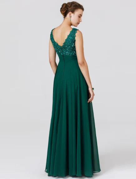 A-Line Elegant Dress Wedding Floor Length Sleeveless V Neck Chiffon Back Beading - TREBLEV