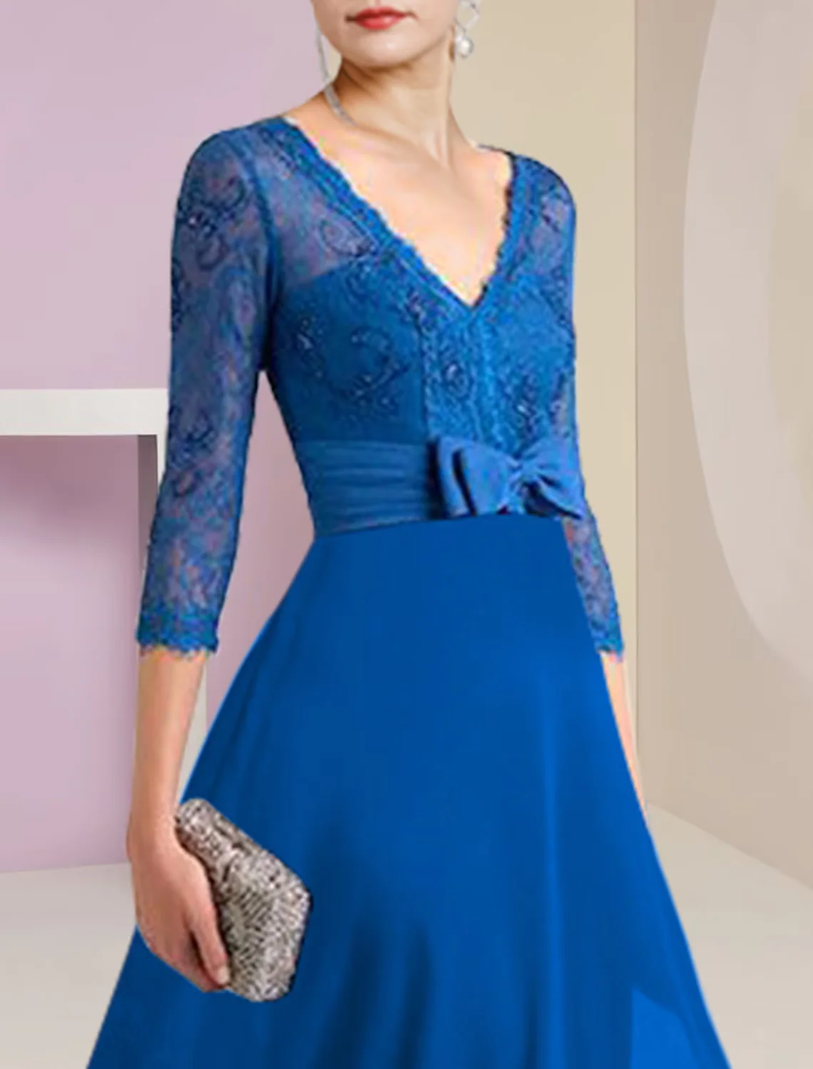 A-Line Mother of the Bride Dress Formal Wedding Guest Elegant High Low V Neck Asymmetrical Chiffon Lace Sleeve with Bow(s) - TREBLEV