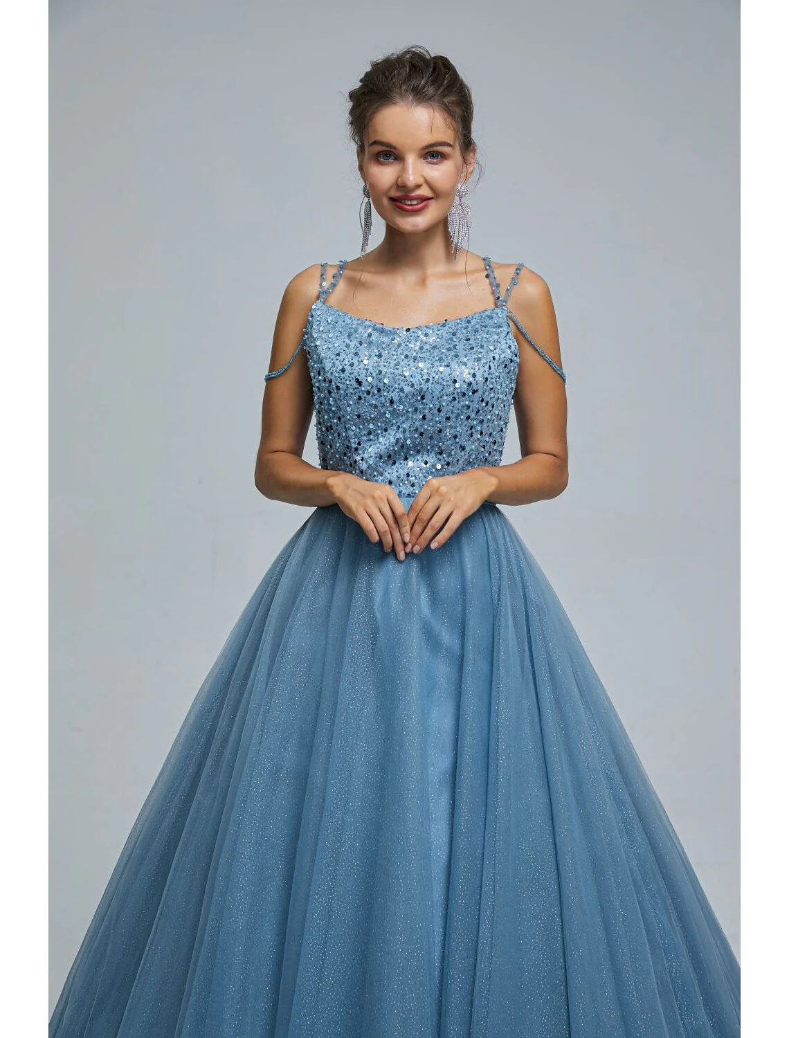 Sparkle Shine Dress Graduation Floor Length Sleeveless Strap Tulle with Pearls Sequin - TREBLEV