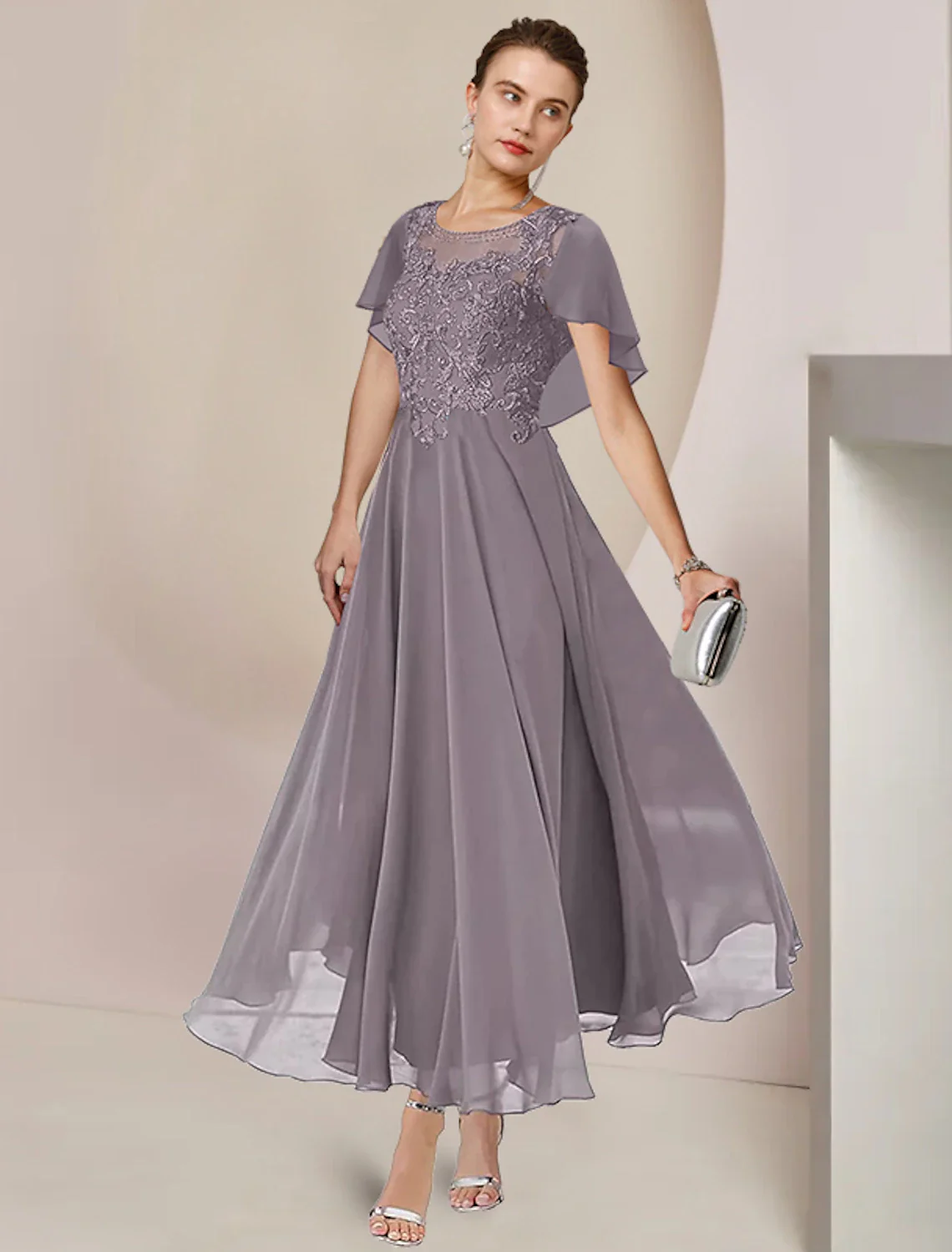 A-Line Mother of the Bride Dress Elegant Scoop Neck Tea Length Chiffon Lace Sleeveless with Beading Appliques - TREBLEV