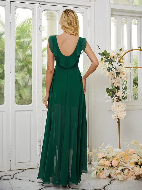 A-Line/Princess Chiffon Ruched V-neck Sleeveless Asymmetrical Bridesmaid Dresses - TREBLEV