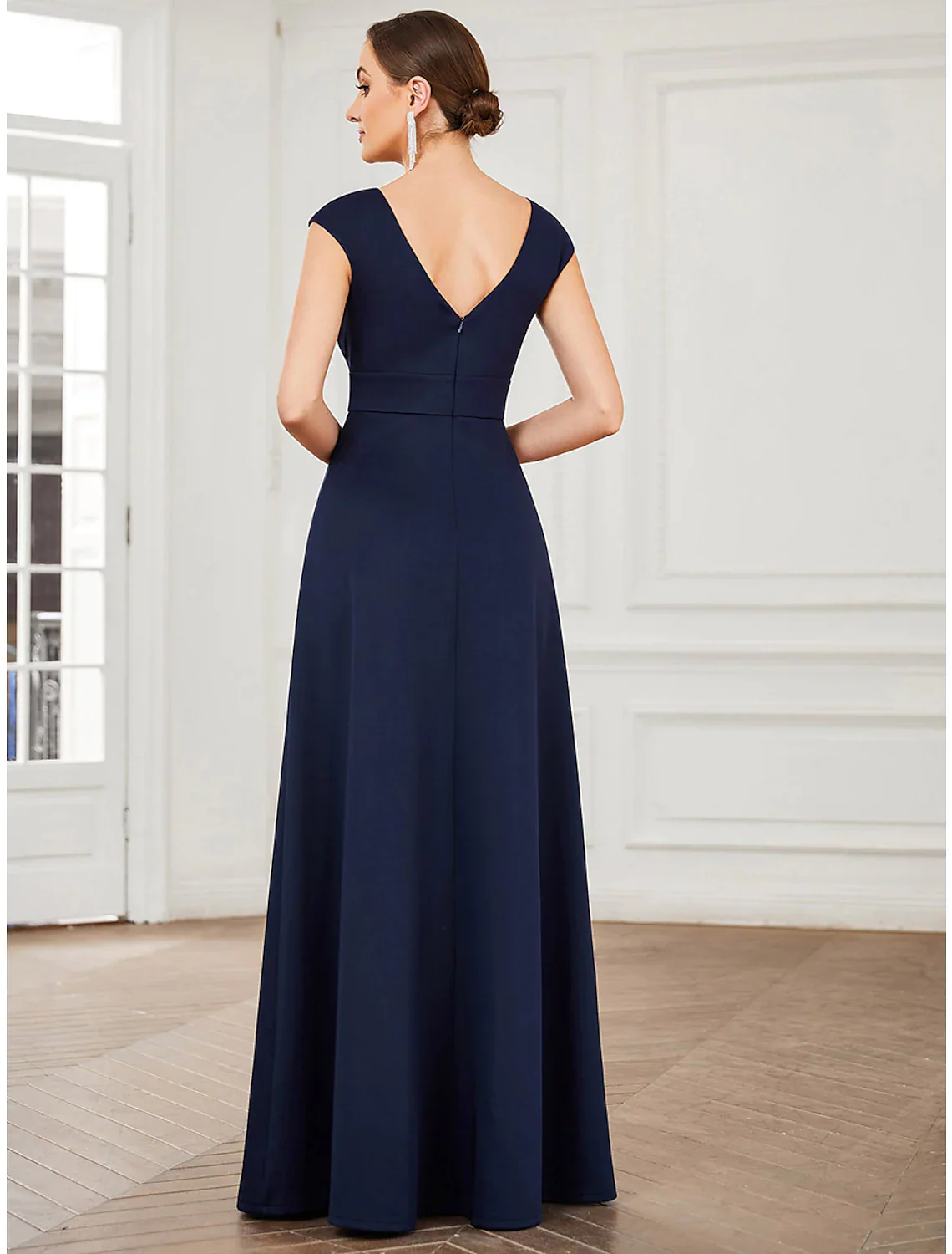 A-Line Evening Gown Elegant Dress Formal Floor Length Sleeveless V Neck Polyester V Back with Draping Slit - TREBLEV