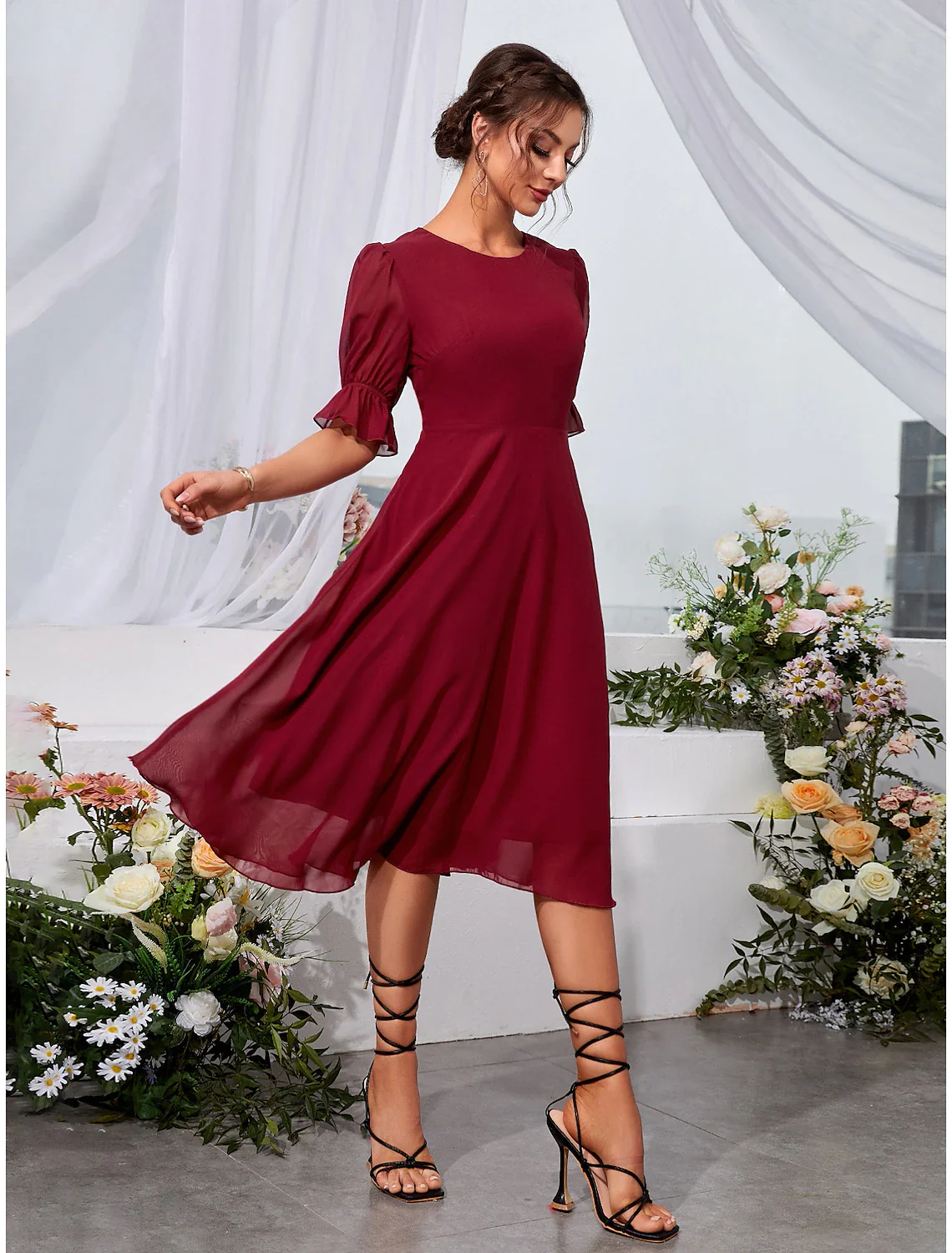 A-Line Wedding Guest Dresses Elegant Dress Holiday Tea Length Half Sleeve Jewel Neck Chiffon with Fringe - TREBLEV