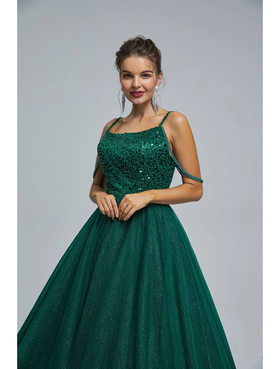 Sparkle Shine Dress Graduation Floor Length Sleeveless Strap Tulle with Pearls Sequin - TREBLEV