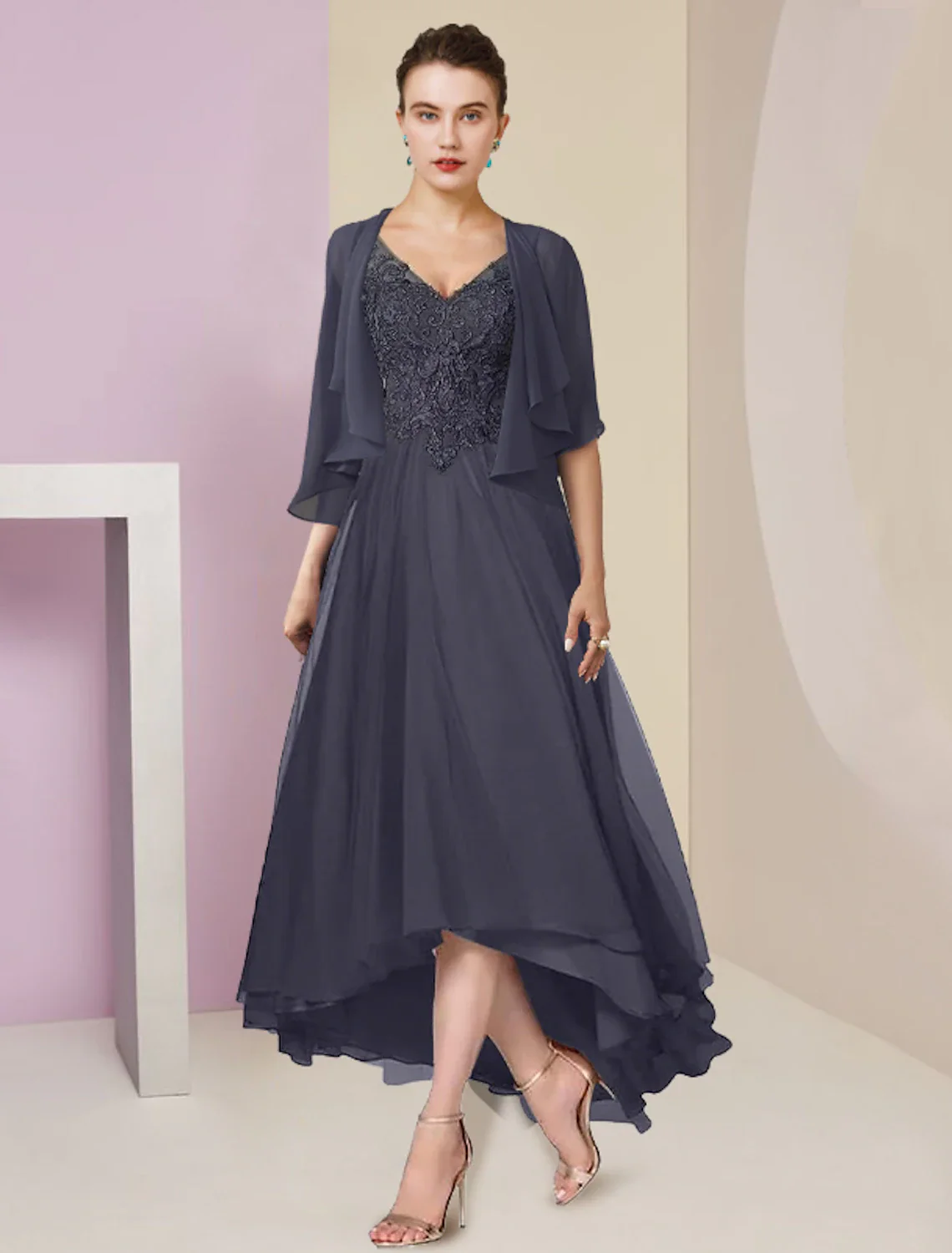Two Piece A-Line Mother of the Bride Dress Formal Wedding Guest Elegant High Low V Neck Asymmetrical Tea Length Chiffon Lace Short Sleeve Wrap Included with Appliques - TREBLEV