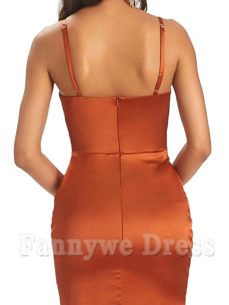 Sheath V-Neck Spaghetti Straps Satin Pleats Side Slit formal dresses evening gown Bridesmaid Dresses - TREBLEV