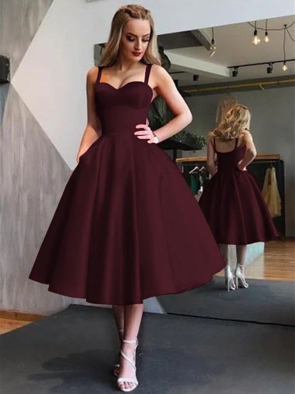 A-Line Straps Satin Sleeveless With Ruffles Tea-Length Dresses - TREBLEV