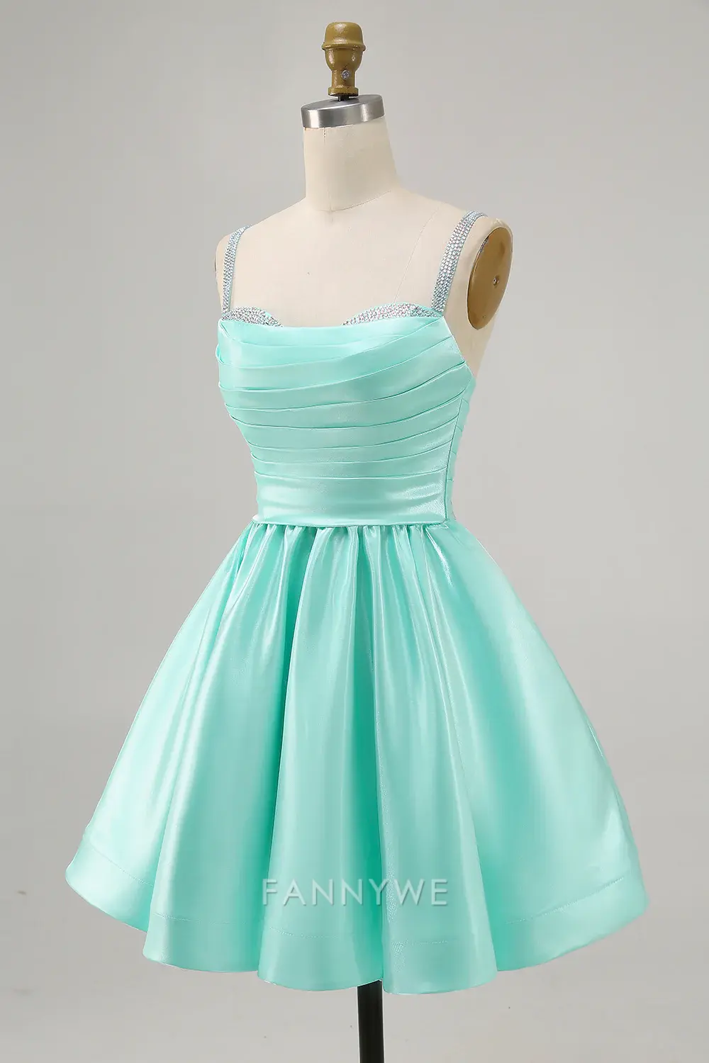 FannyWe Elegant Sparkly Mint Green Ruched Satin Short Homecoming Dress with Beading hot sale - TREBLEV