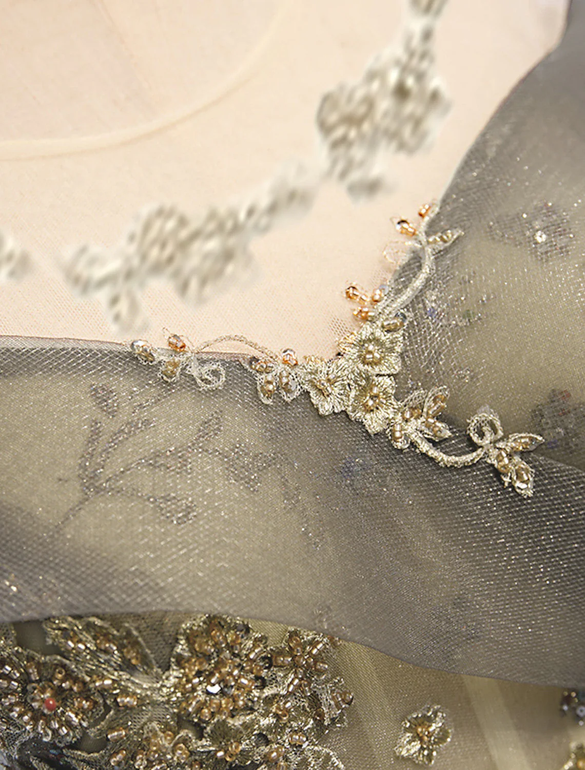 A-Line Evening Gown Elegant Dress Wedding Guest Floor Length Short Sleeve Illusion Neck Tulle with Pleats - TREBLEV