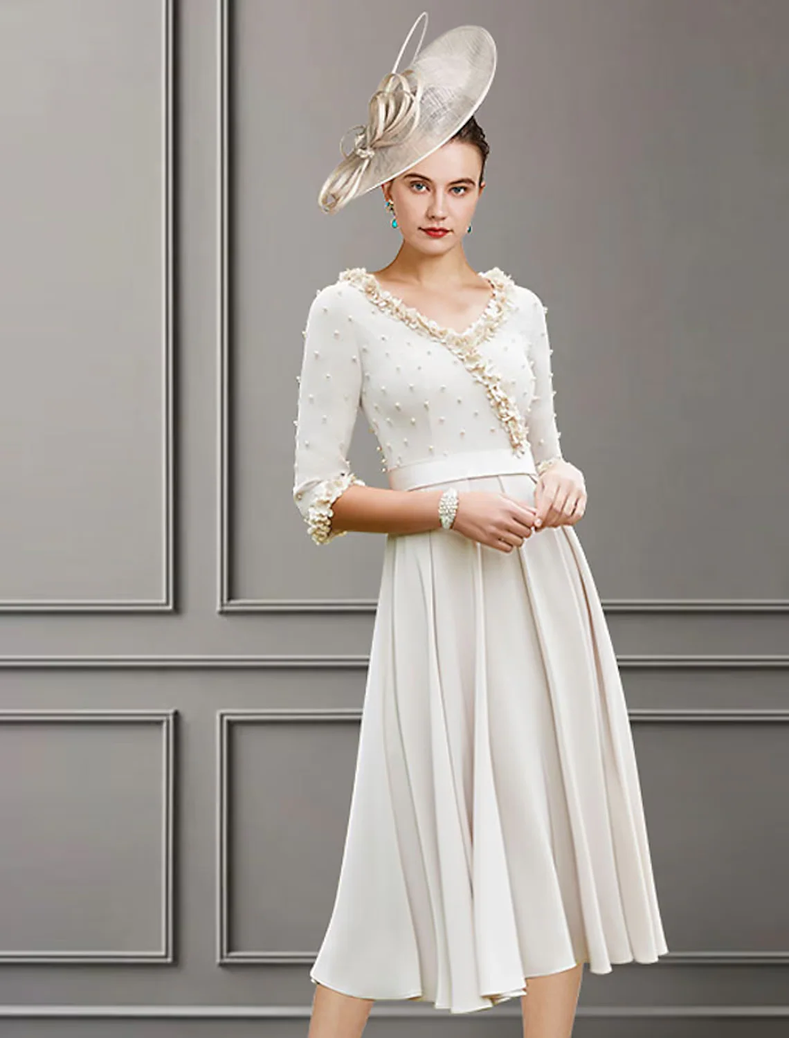 A-Line Mother of the Bride Dress Elegant V Neck Length Stretch Fabric Length Sleeve with Pleats Pearls - TREBLEV