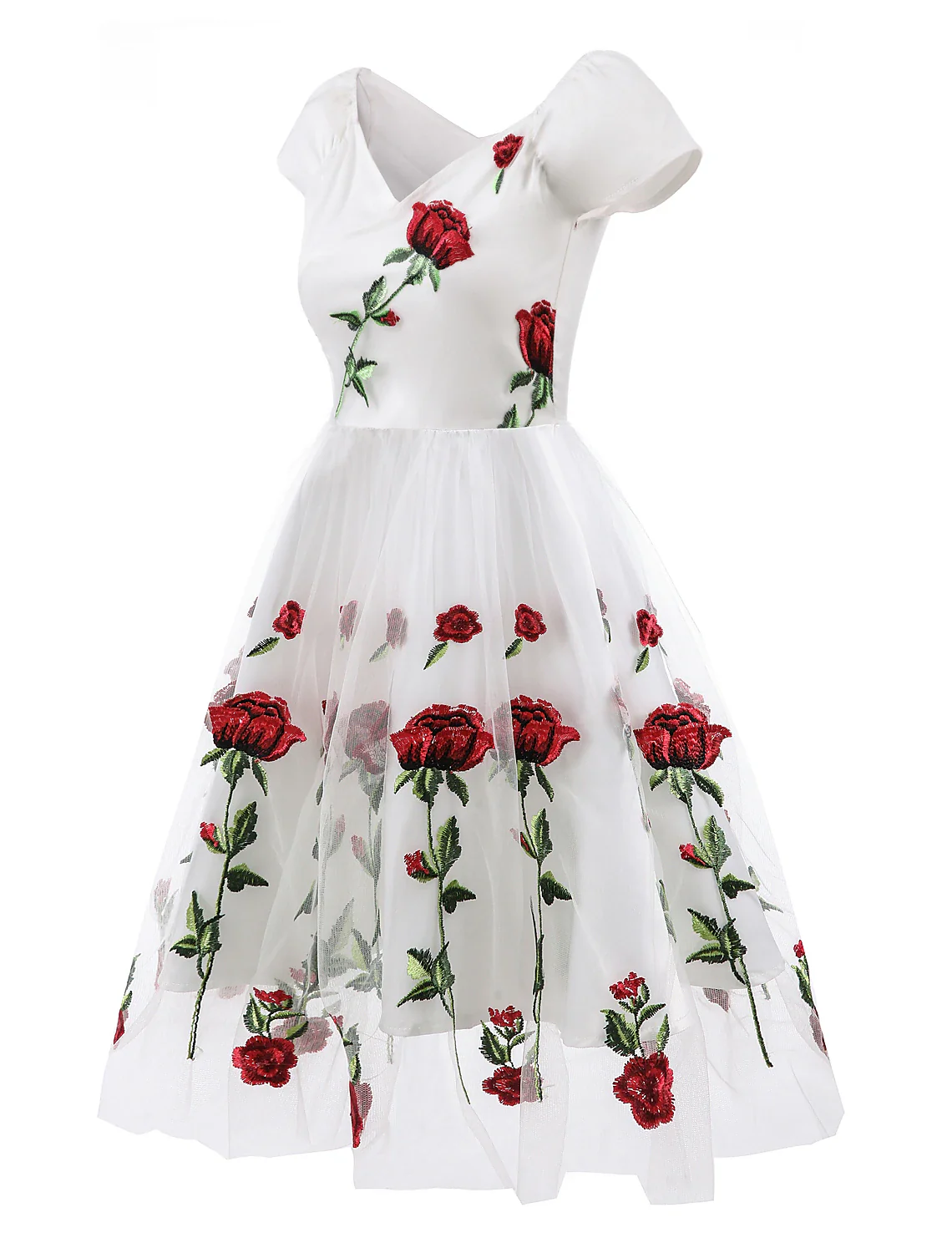 A-Line Cocktail Dresses Party Dress Holiday Knee Length Short Sleeve Off Shoulder Organza with Embroidery Appliques - TREBLEV