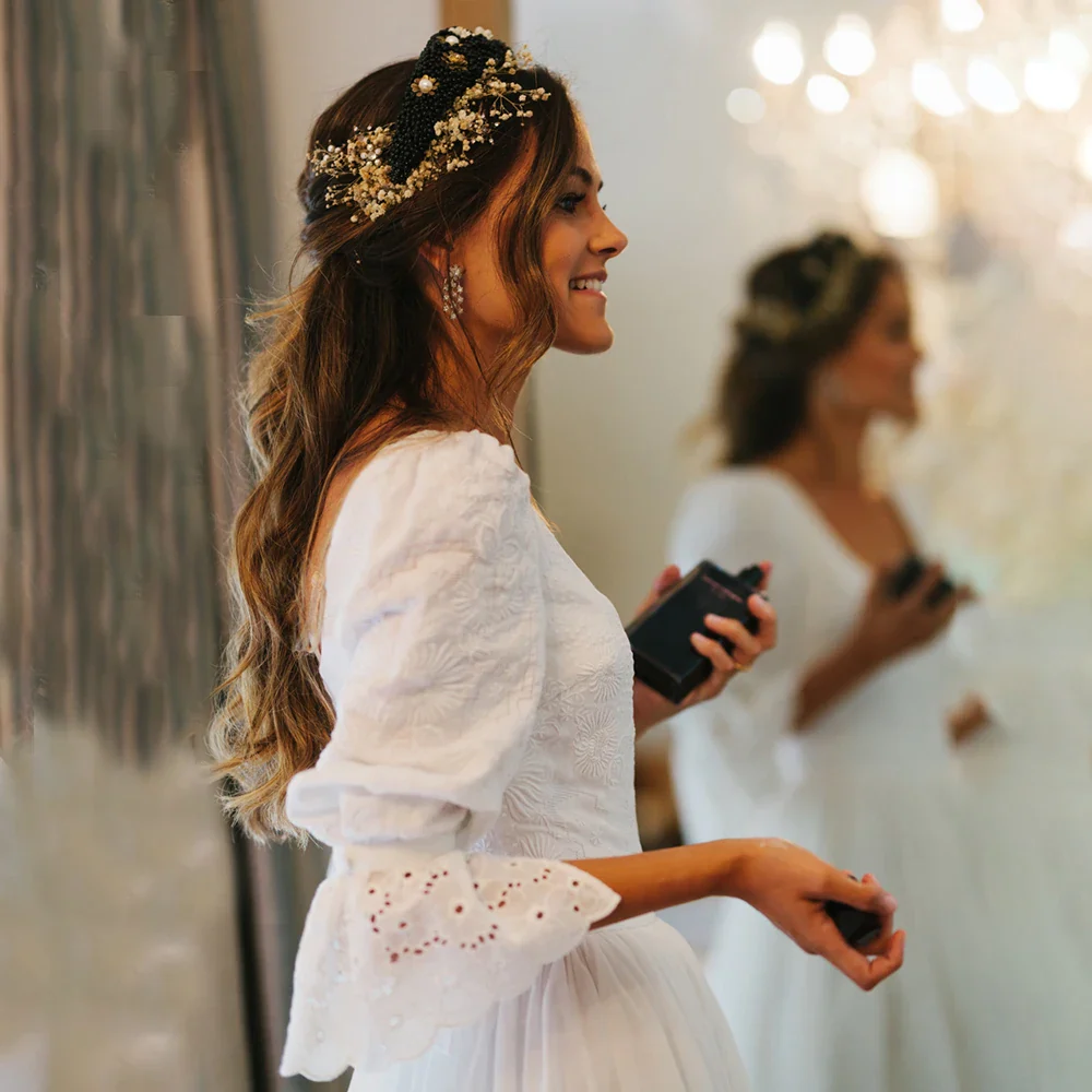 A-Line/Princess Lace Long Sleeves Layers Square Sweep/Brush Train Wedding Dresses - TREBLEV