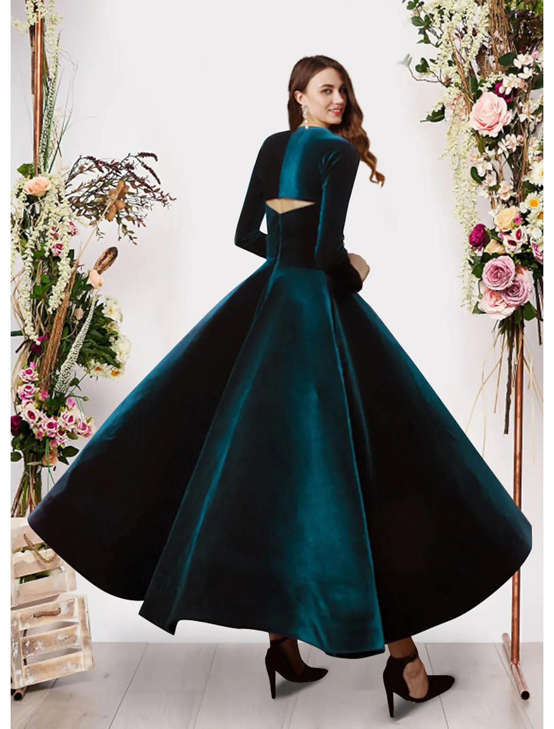 Ball Gown Evening Gown Vintage Dress Prom Ankle Length Long Sleeve Square Neck Velvet - TREBLEV