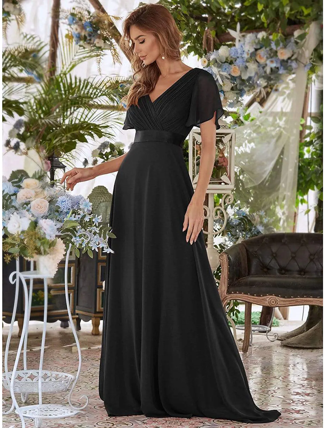 A-Line Evening Gown Dress Wedding Guest Floor Length Short Sleeve V Neck Chiffon V Back with Ruffles - TREBLEV
