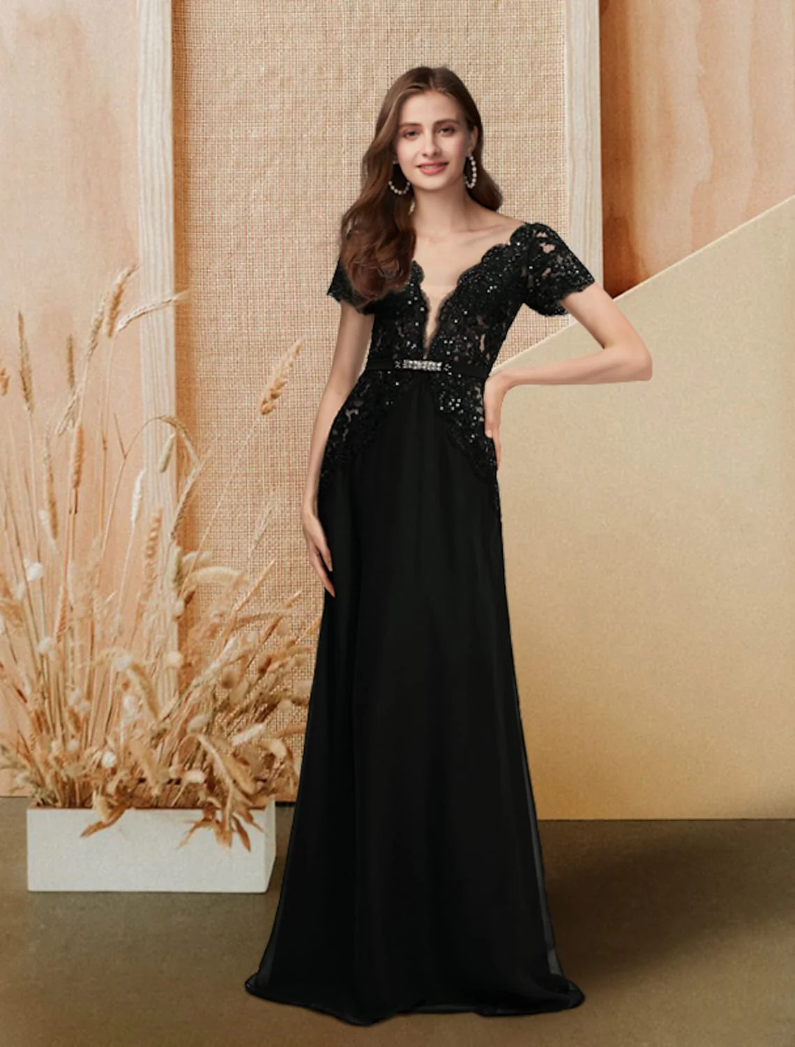 A-Line Evening Gown Dress Engagement Floor Length Short Sleeve V Neck Chiffon with Sequin Lace - TREBLEV