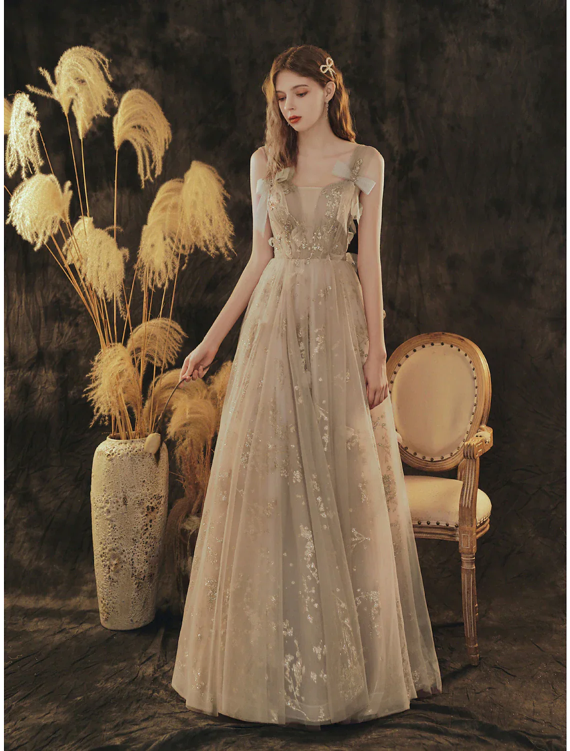 A-Line Elegant Engagement Formal Evening Dress Sleeveless Floor Length Tulle with Bow(s) Pleats - TREBLEV