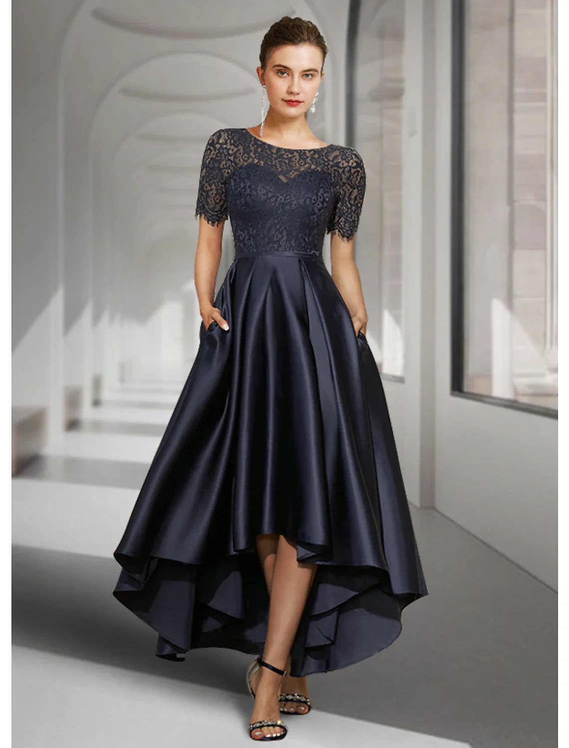 A-Line Mother of the Bride Dress Fall Wedding Guest Elegant High Low Jewel Neck Asymmetrical Tea Length Satin Lace Short Sleeve with Pleats - TREBLEV