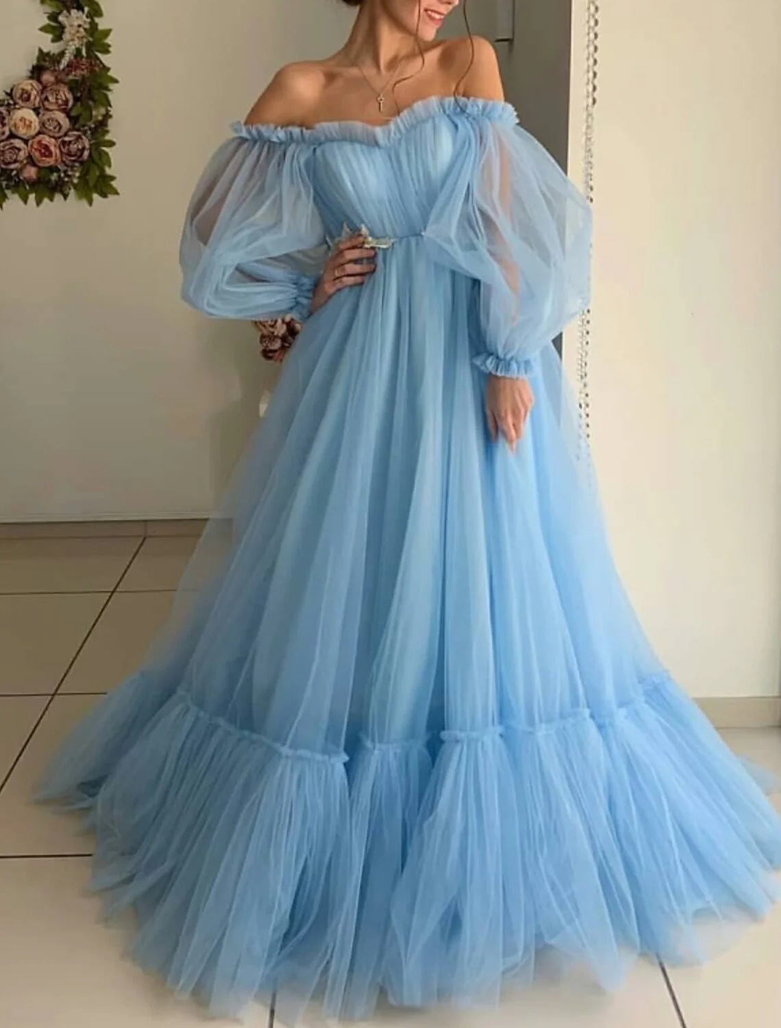 A-Line Minimalist Elegant Engagement Prom Dress Off Shoulder Long Sleeve Floor Length Tulle with Pleats Appliques - TREBLEV