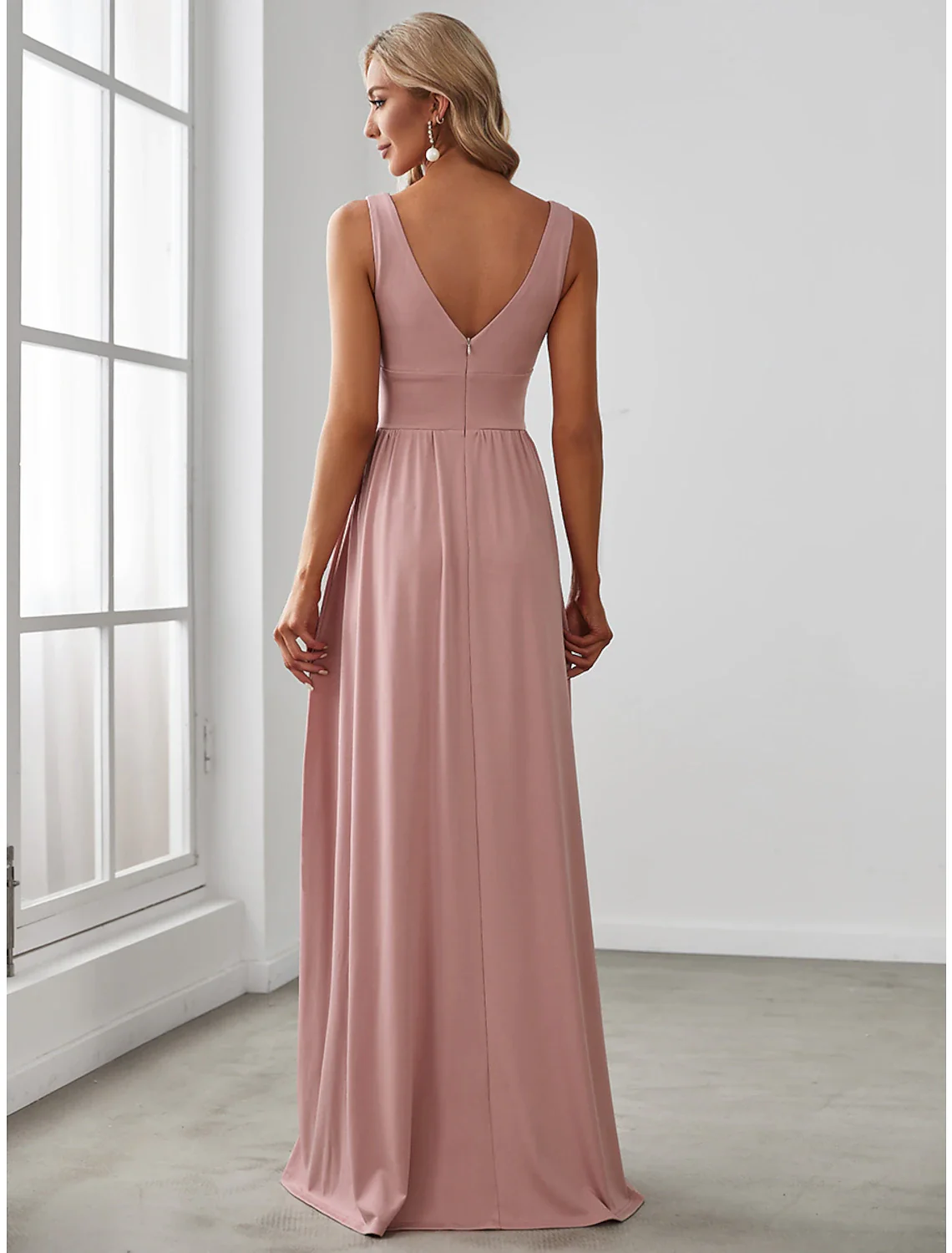 A-Line Prom Dresses High Split Dress Wedding Guest Floor Length Sleeveless V Neck Chiffon V Back with Slit Pure Color - TREBLEV