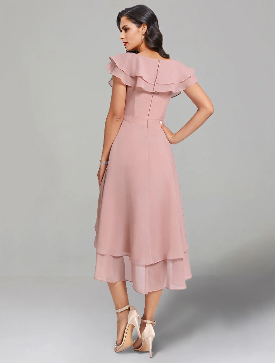 A-Line Wedding Guest Dresses Elegant Dress Cocktail Party Tea Length Short Sleeve V Neck Chiffon with Slit - TREBLEV
