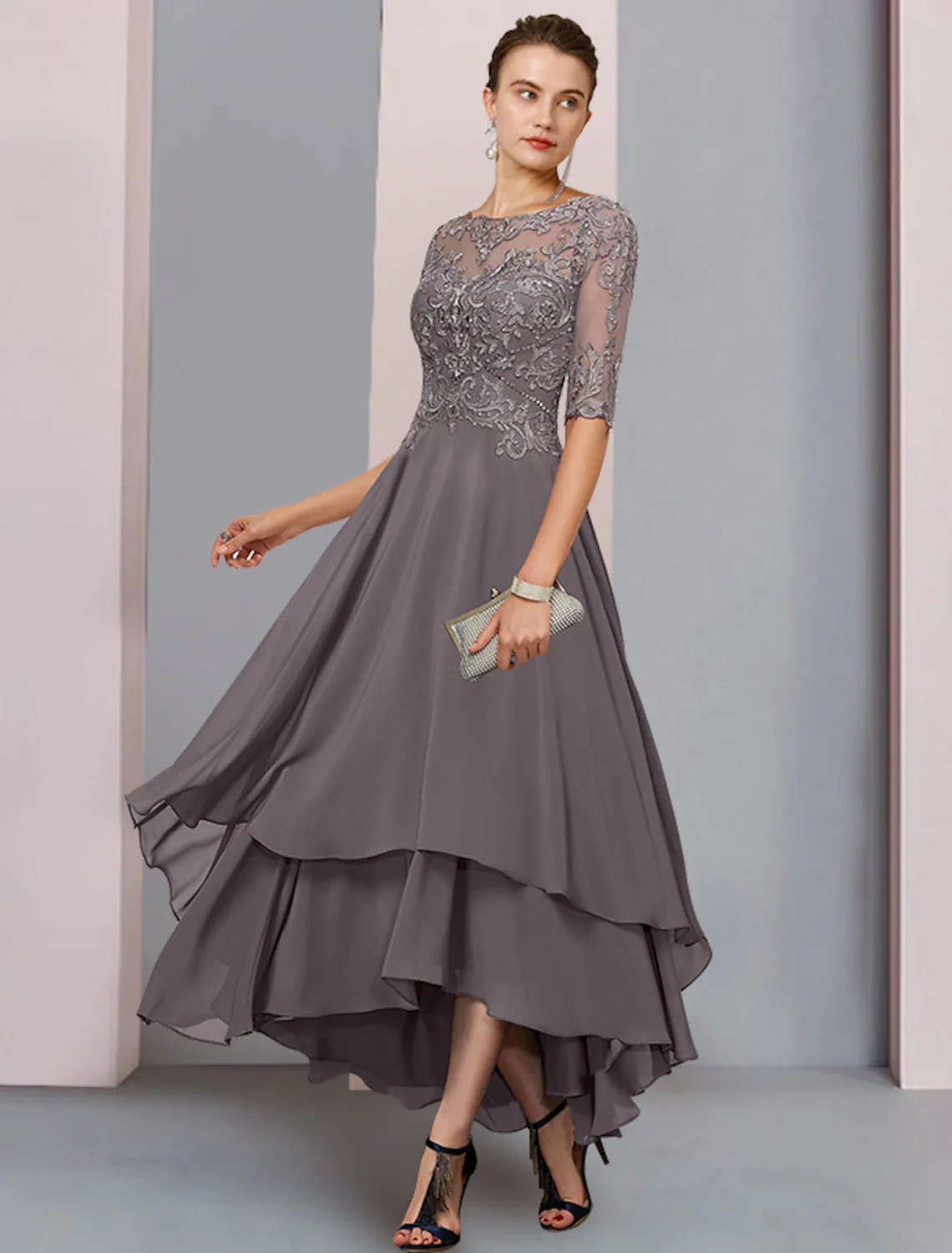 A-Line Mother of the Bride Dress Formal Wedding Guest Elegant Scoop Neck Asymmetrical Tea Length Chiffon Lace 3/4 Length Sleeve with Beading Tier Appliques - TREBLEV