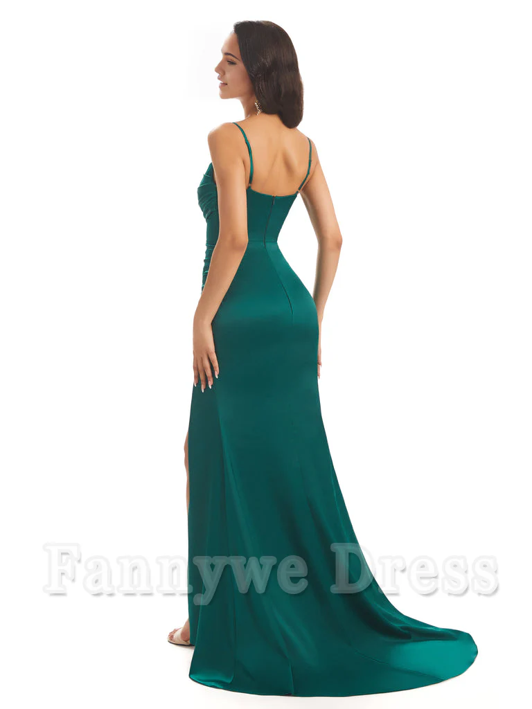 Mermaid Spaghetti Straps Satin Side Slit formal dresses evening gown Bridesmaid Dresses - TREBLEV